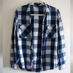 checker gingham button down flannel shirt top distressed blue sz S